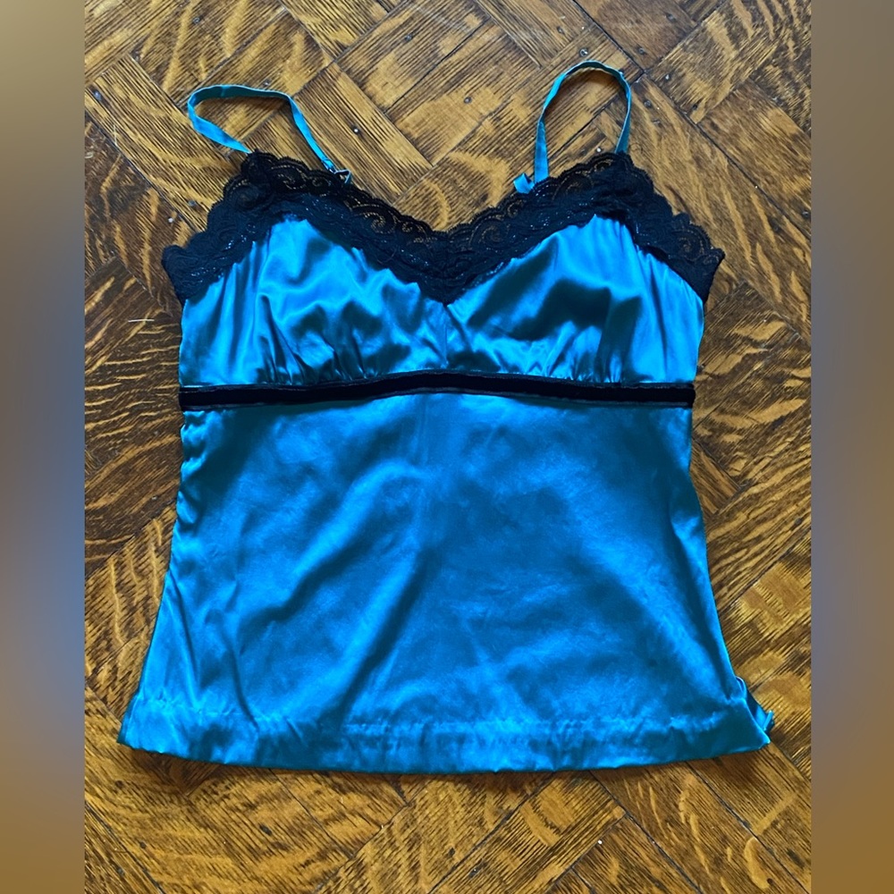 Beautiful Silk Turquoise Cami w Black Lace - Size 2